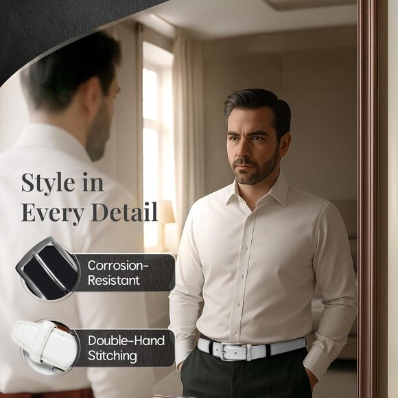 Genuine White Leather Dress Belt for Men Tan Mens Belt for Suits Jeans Uniform - Picture 3 of 7